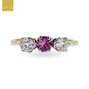 18ct Yellow Gold Pink Sapphire & Diamond Trilogy Ring