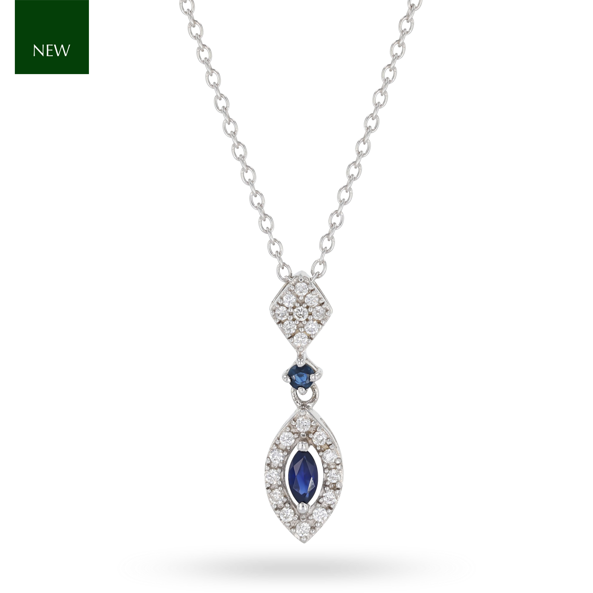 9ct White Gold Sapphire & Diamond Marquise Cluster Drop Pendant & Chain