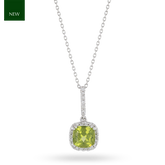 9ct White Gold Peridot & Diamond Halo Pendant & Chain