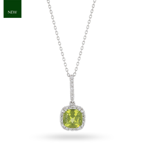 9ct White Gold Peridot & Diamond Halo Pendant & Chain