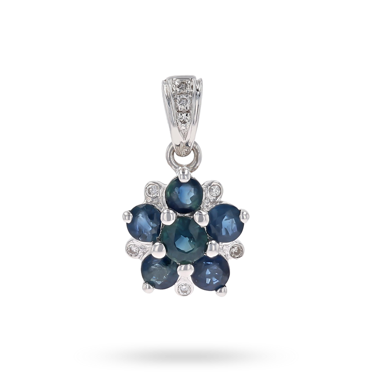 9ct White Gold Sapphire & Diamond Flower Cluster Pendant