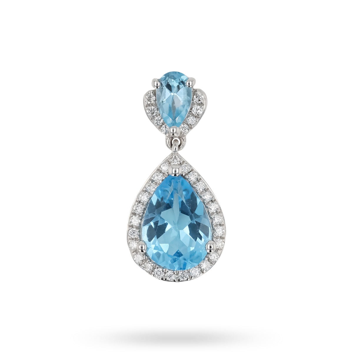 9ct White Gold Double Pear Shaped Blue Topaz & Diamond Halo Pendant & Chain