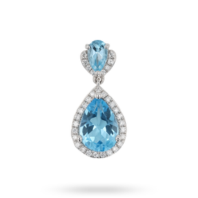 9ct White Gold Double Pear Shaped Blue Topaz & Diamond Halo Pendant & Chain