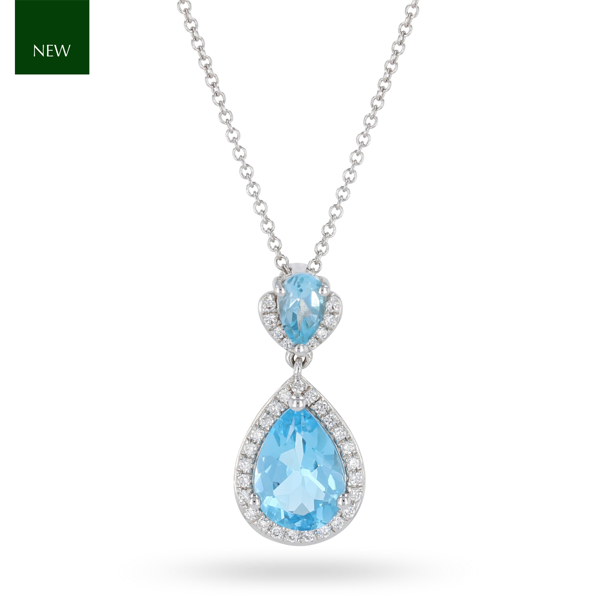 9ct White Gold Double Pear Shaped Blue Topaz & Diamond Halo Pendant & Chain