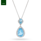 9ct White Gold Double Pear Shaped Blue Topaz & Diamond Halo Pendant & Chain