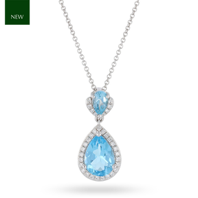 9ct White Gold Double Pear Shaped Blue Topaz & Diamond Halo Pendant & Chain