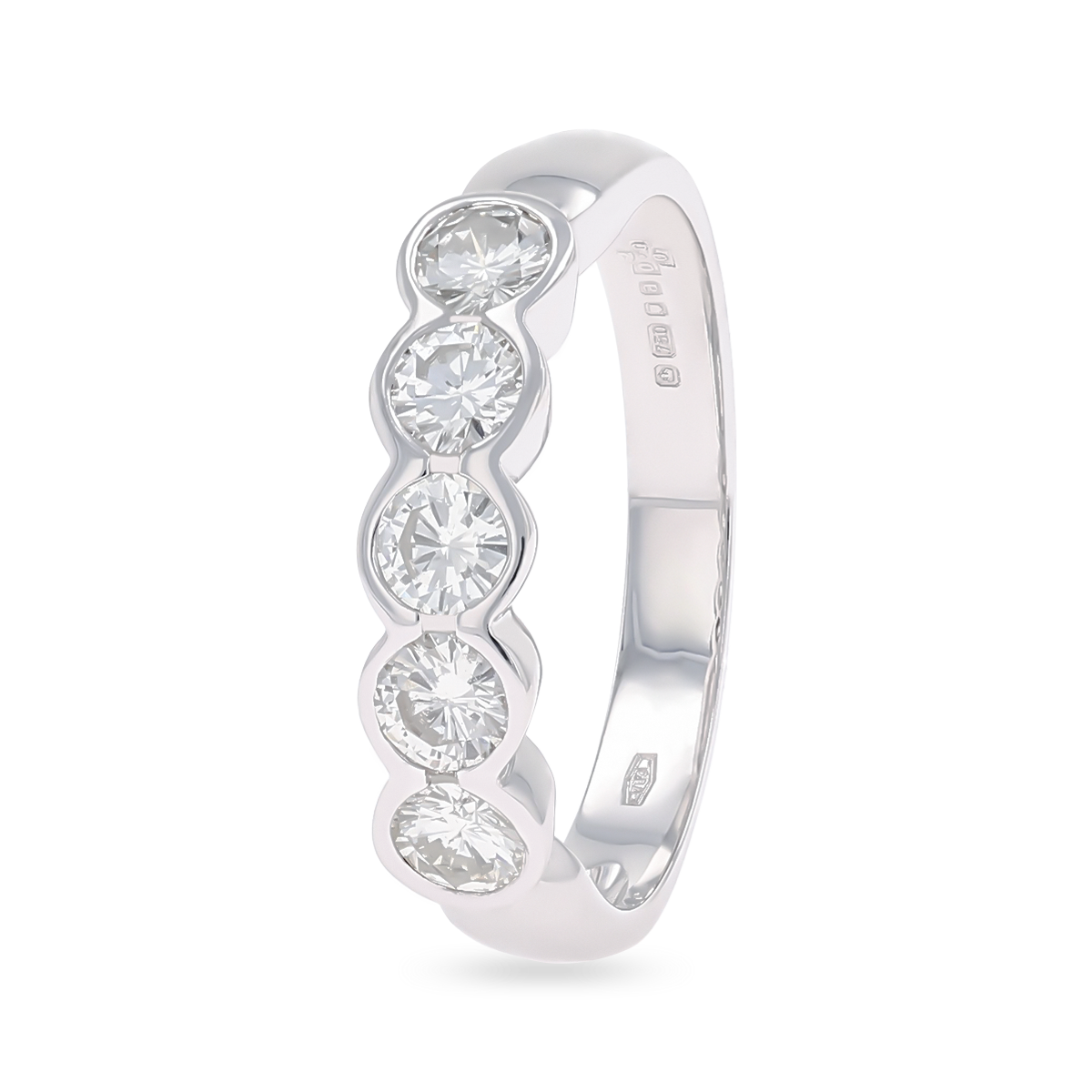 18ct White Gold Round Brilliant Cut 0.86cts Diamond Bezel Set Five Stone Ring