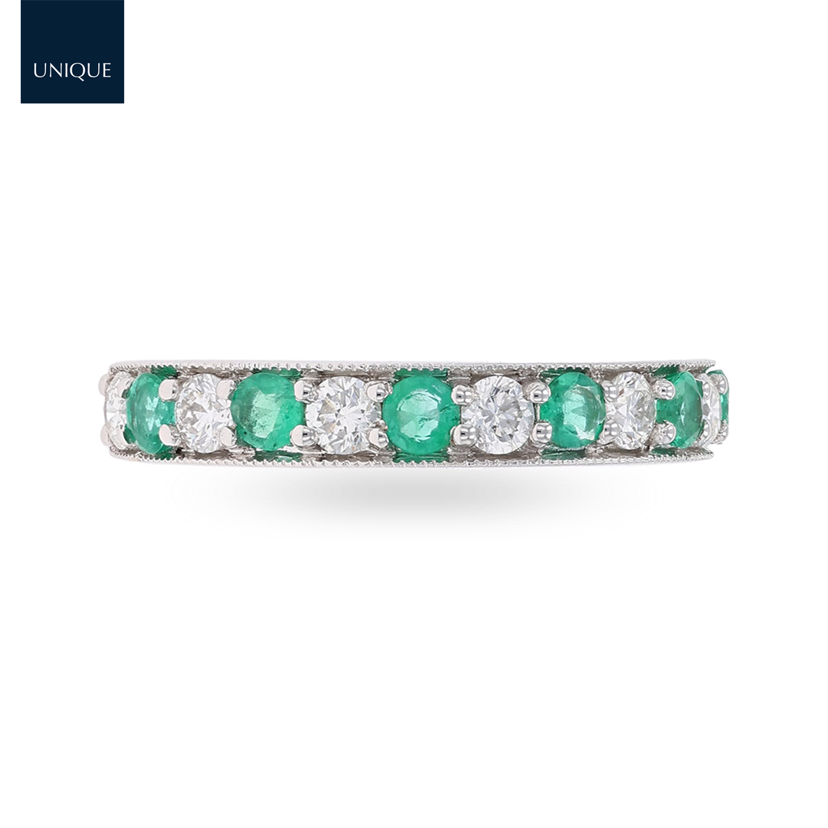 18ct White Gold 0.54cts Diamond & Emerald Mille-Grain Set Eternity Ring