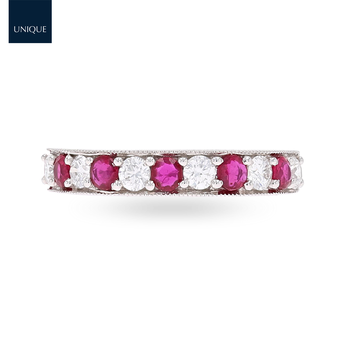 18ct White Gold 0.54cts Diamond & Ruby Mille-Grain Set Eternity Ring