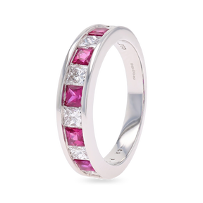 18ct White Gold Princess Cut Ruby & 0.82cts Diamond Channel Set Eternity Ring
