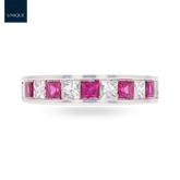 18ct White Gold Princess Cut Ruby & 0.82cts Diamond Channel Set Eternity Ring