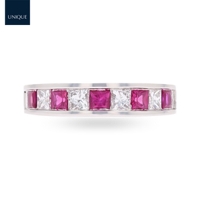 18ct White Gold Princess Cut Ruby & 0.82cts Diamond Channel Set Eternity Ring