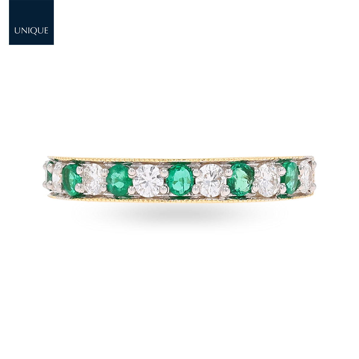 18ct Yellow Gold 0.40cts Diamond & Emerald Mille-Grain Set Eternity Ring