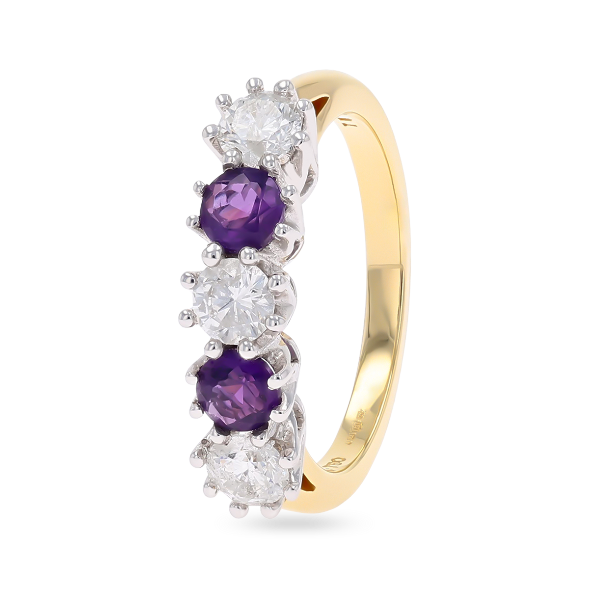 18ct Yellow Gold 0.75cts Diamond & Amethyst Five Stone Ring