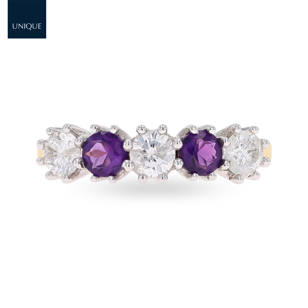 18ct Yellow Gold 0.75cts Diamond & Amethyst Five Stone Ring