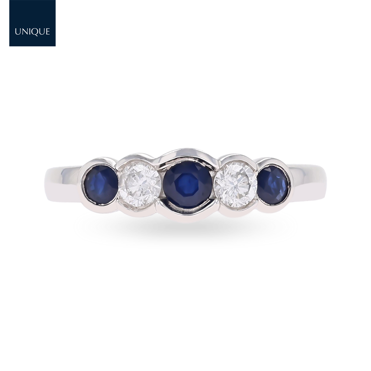 9ct White Gold Sapphire & Diamond Bezel Set Five Stone Ring