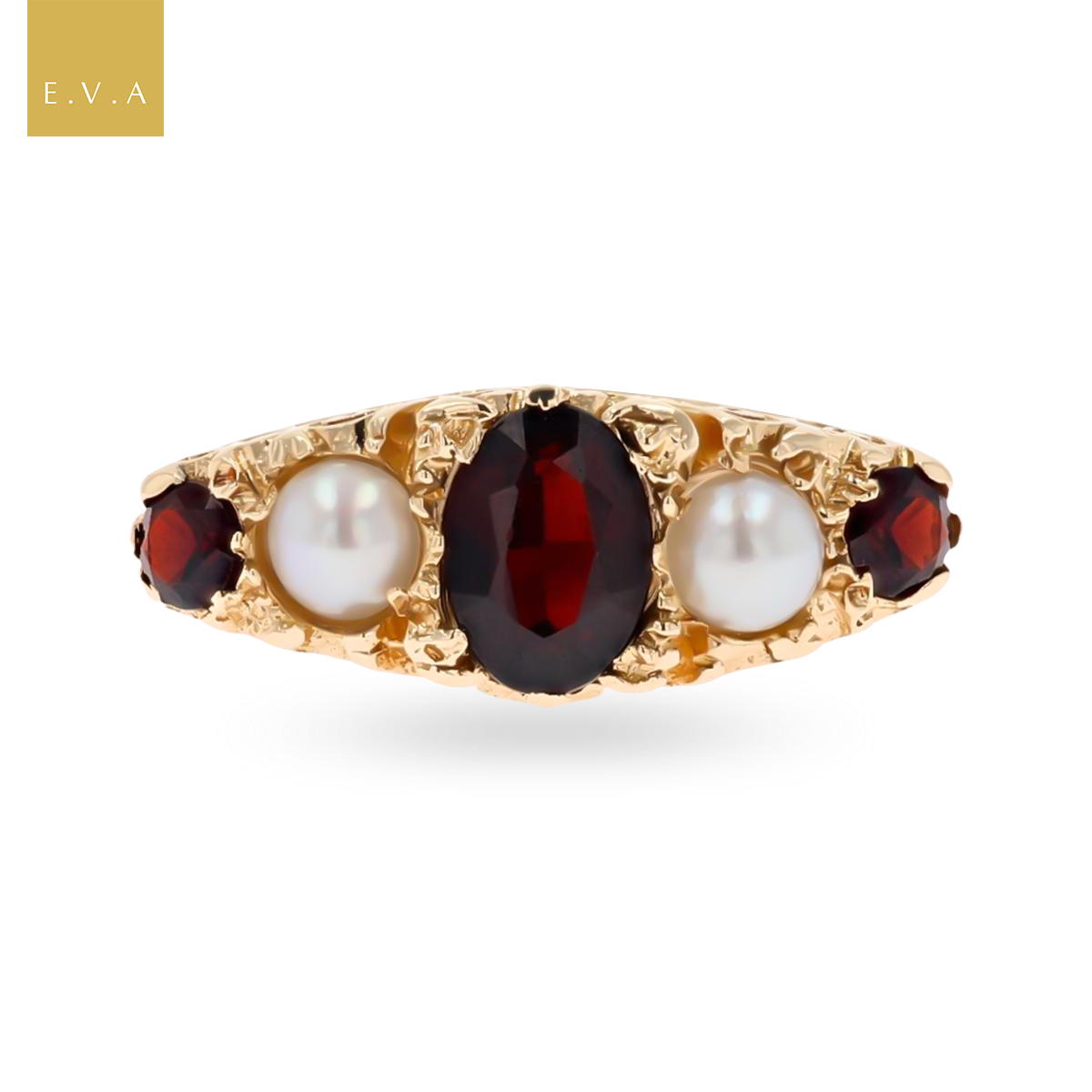 9ct Yellow Gold Cultured Pearl & Garnet "Victorian" Style Ring