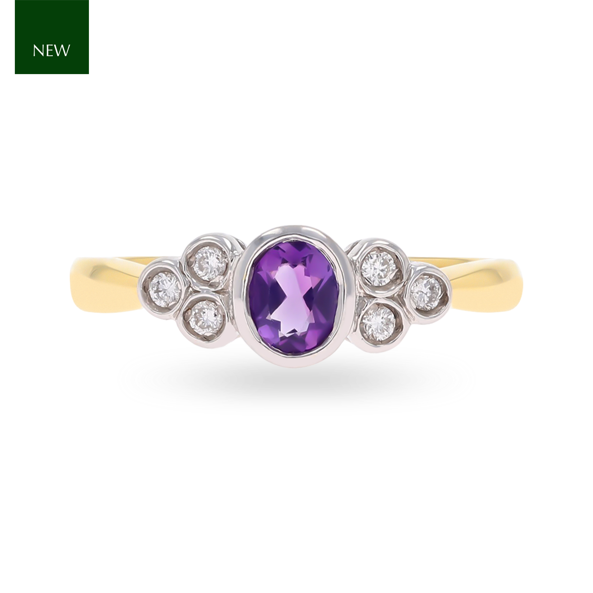 18ct Yellow Gold Amethyst & Diamond Bezel Set Seven Stone Ring