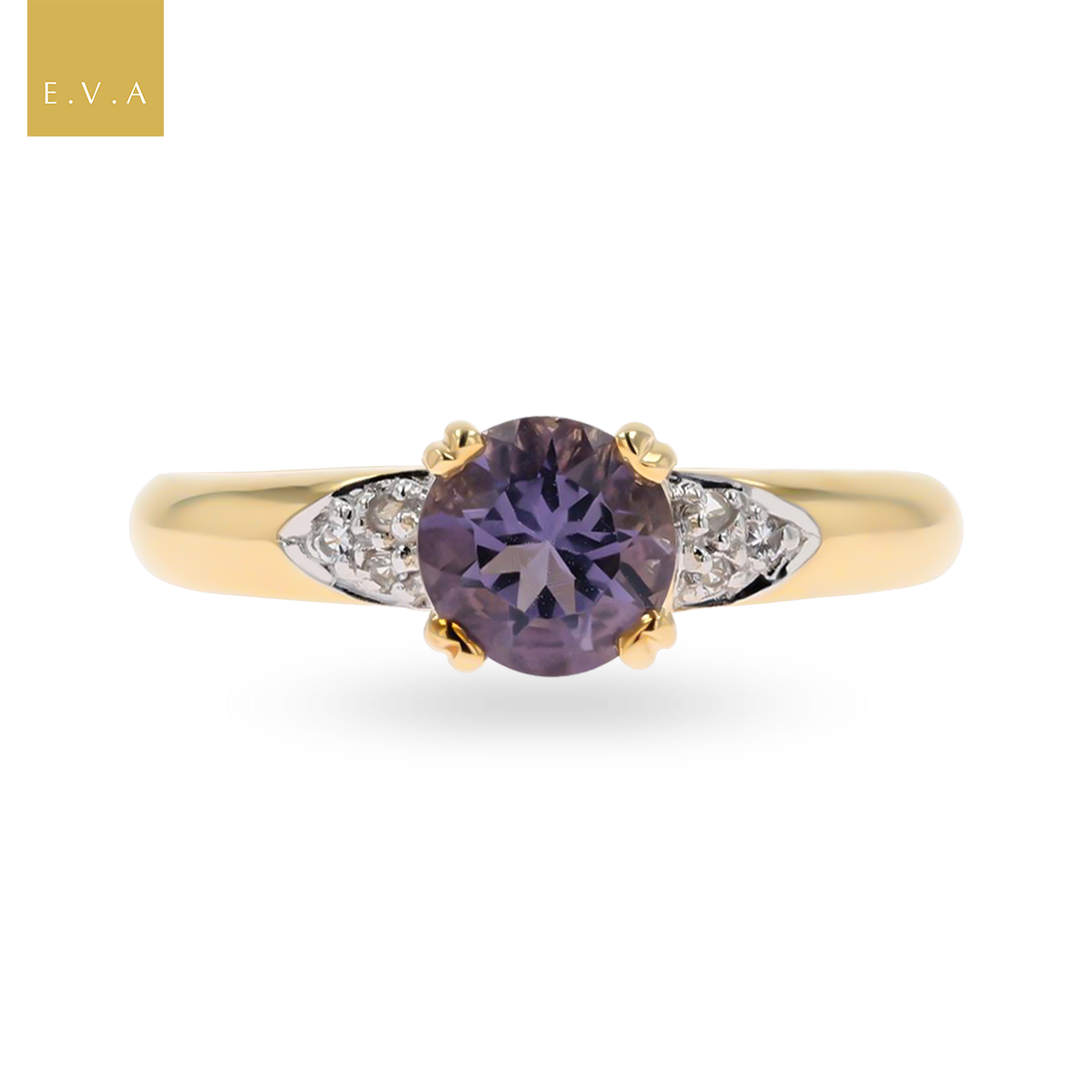 9ct Yellow Gold Iolite & Diamond Solitaire Ring