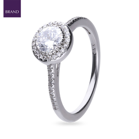 Sterling Silver Round Cubic Zirconia Halo and Shoulders Set Ring