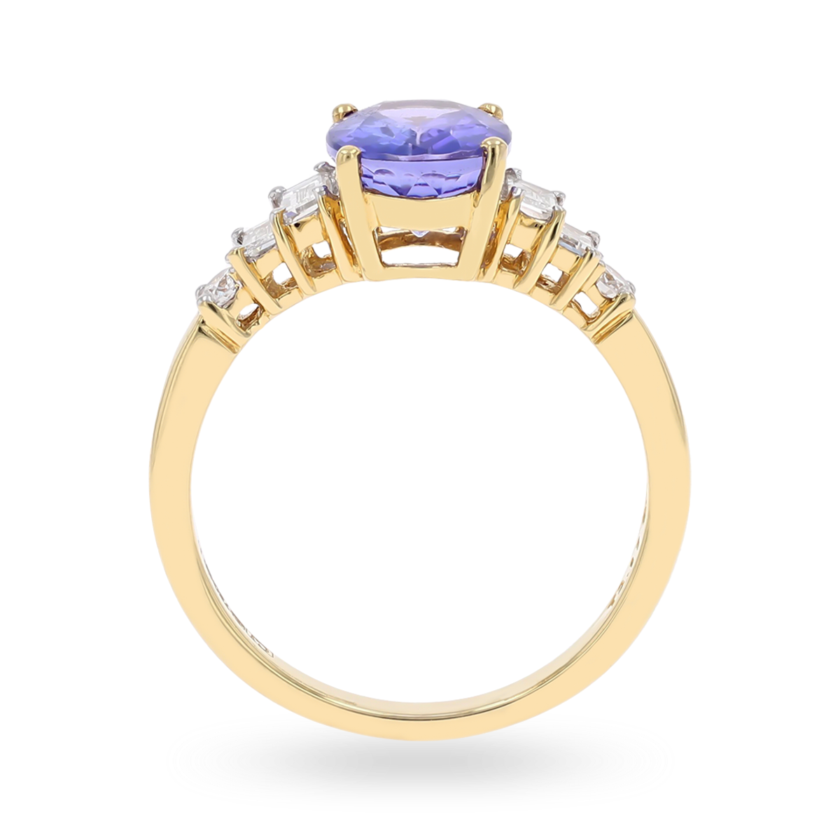 18ct Yellow Gold Oval Shaped Tanzanite & Diamond Set Shoulders Ring
