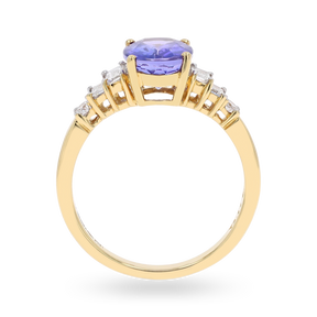 18ct Yellow Gold Oval Shaped Tanzanite & Diamond Set Shoulders Ring