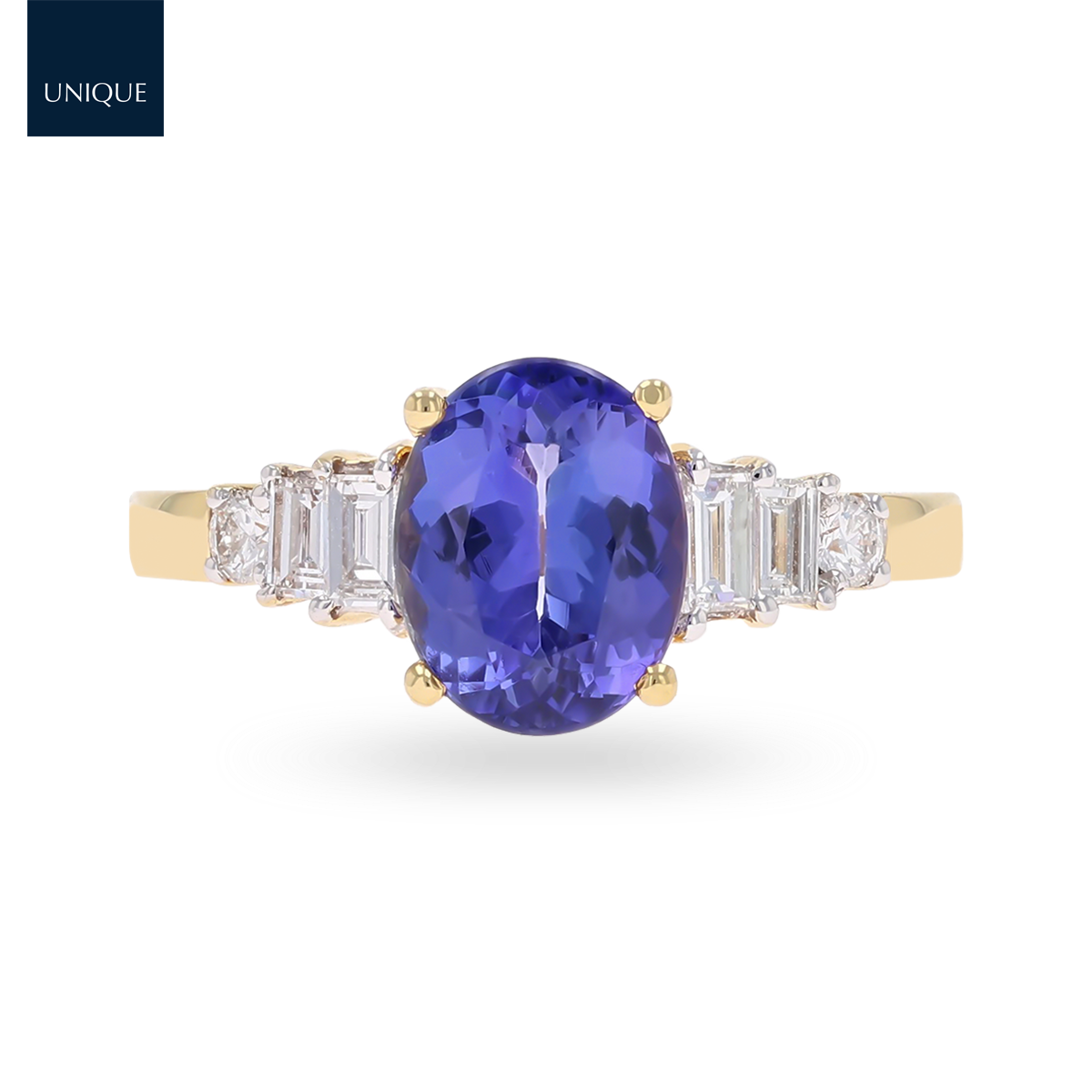 18ct Yellow Gold Oval Shaped Tanzanite & Diamond Set Shoulders Ring