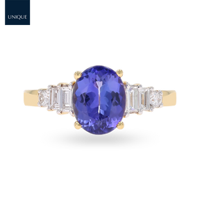 18ct Yellow Gold Oval Shaped Tanzanite & Diamond Set Shoulders Ring
