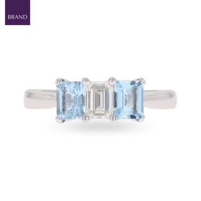 18ct White Gold Diamond & Aquamarine Trilogy Ring