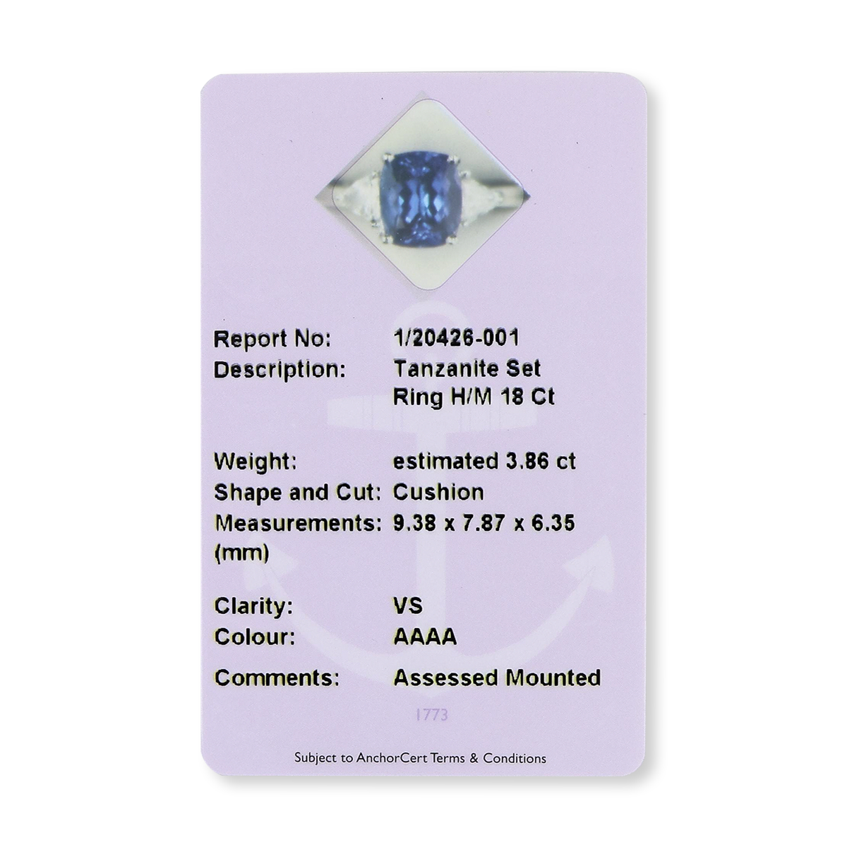 18ct White Gold Cushion Shaped Certified Tanzanite & Diamond Trilogy Ring - Certificate