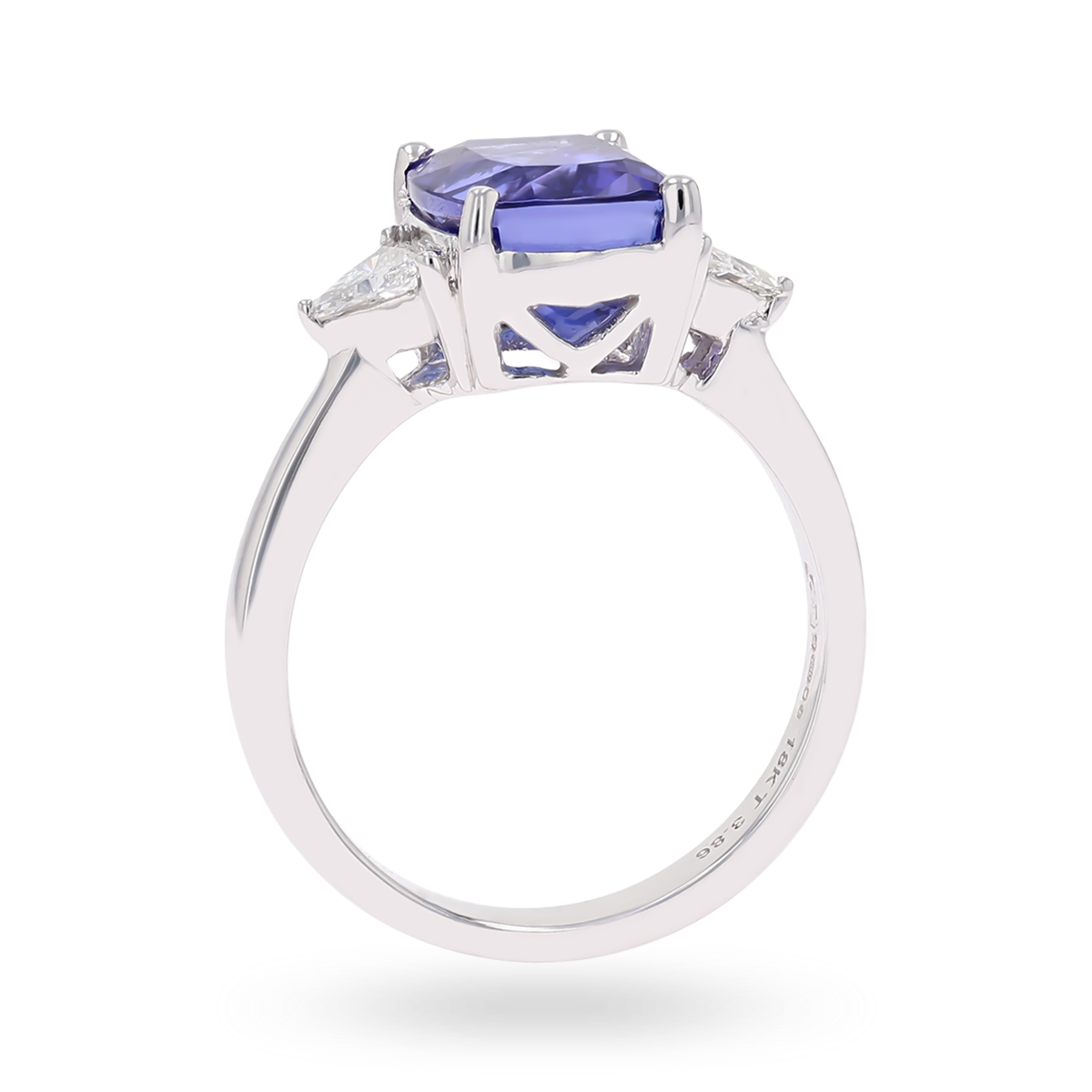 18ct White Gold Cushion Shaped Certified Tanzanite & Diamond Trilogy Ring - Front