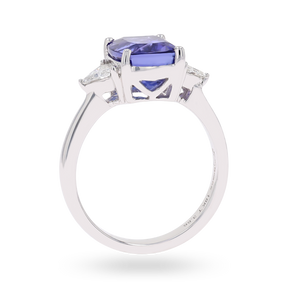 18ct White Gold Cushion Shaped Certified Tanzanite & Diamond Trilogy Ring - Front