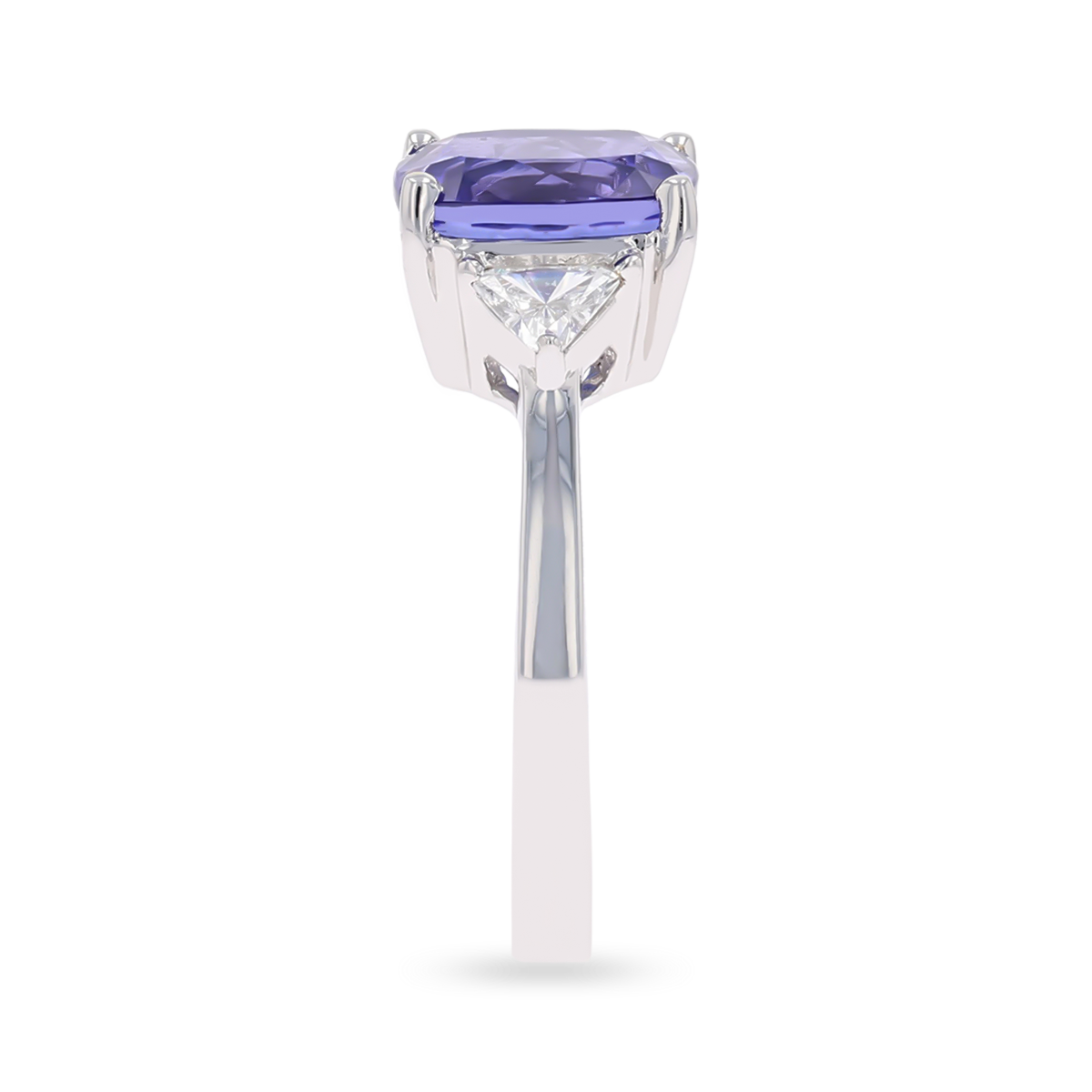 18ct White Gold Cushion Shaped Certified Tanzanite & Diamond Trilogy Ring - Side