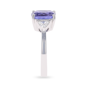 18ct White Gold Cushion Shaped Certified Tanzanite & Diamond Trilogy Ring - Side