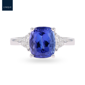 18ct White Gold Cushion Shaped Certified Tanzanite & Diamond Trilogy Ring