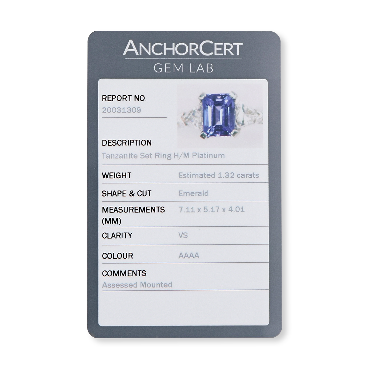 Platinum Emerald Cut Certified 1.32ct Tanzanite & Diamond Trilogy Ring - Certificate