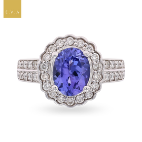 14ct White Gold Oval Shaped Tanzanite & Diamond Cluster Ring