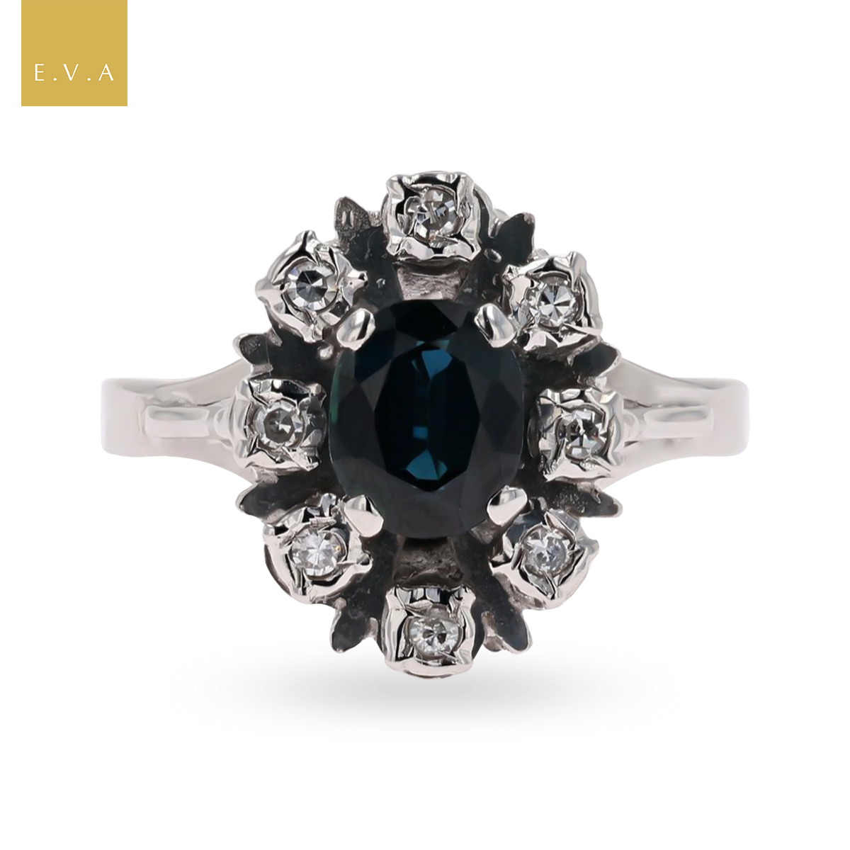 18ct White Gold Sapphire & Diamond Snowflake Cluster Ring