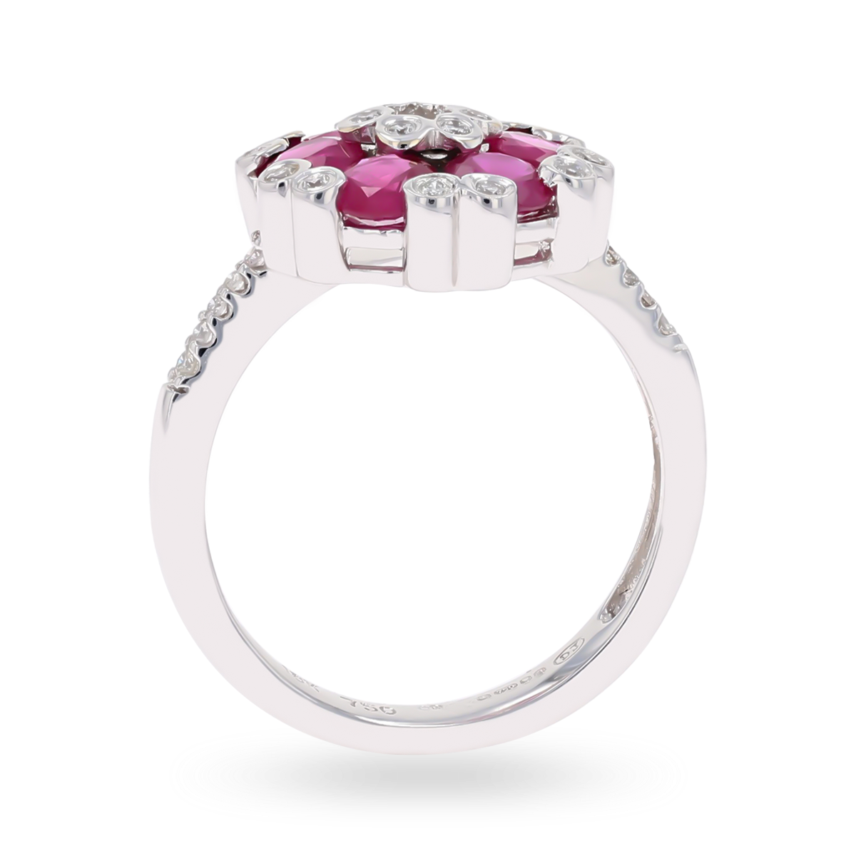 18ct White Gold Ruby & Diamond Cluster With Diamond Set Shoulders Ring