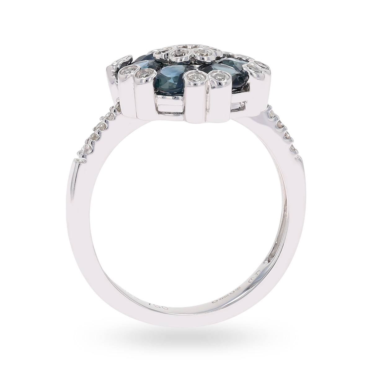 18ct White Gold Sapphire & Diamond Cluster With Diamond Set Shoulders Ring