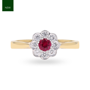 18ct Yellow Gold Ruby & Diamond Flower Cluster Ring