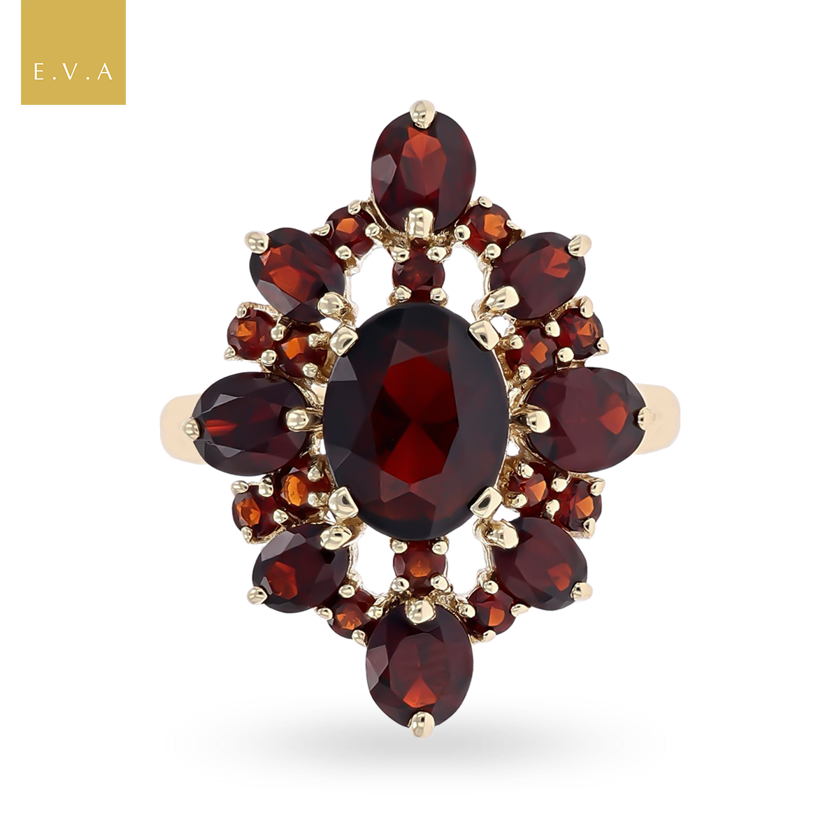 9ct Yellow Gold Garnet Marquise Shaped Cluster Ring
