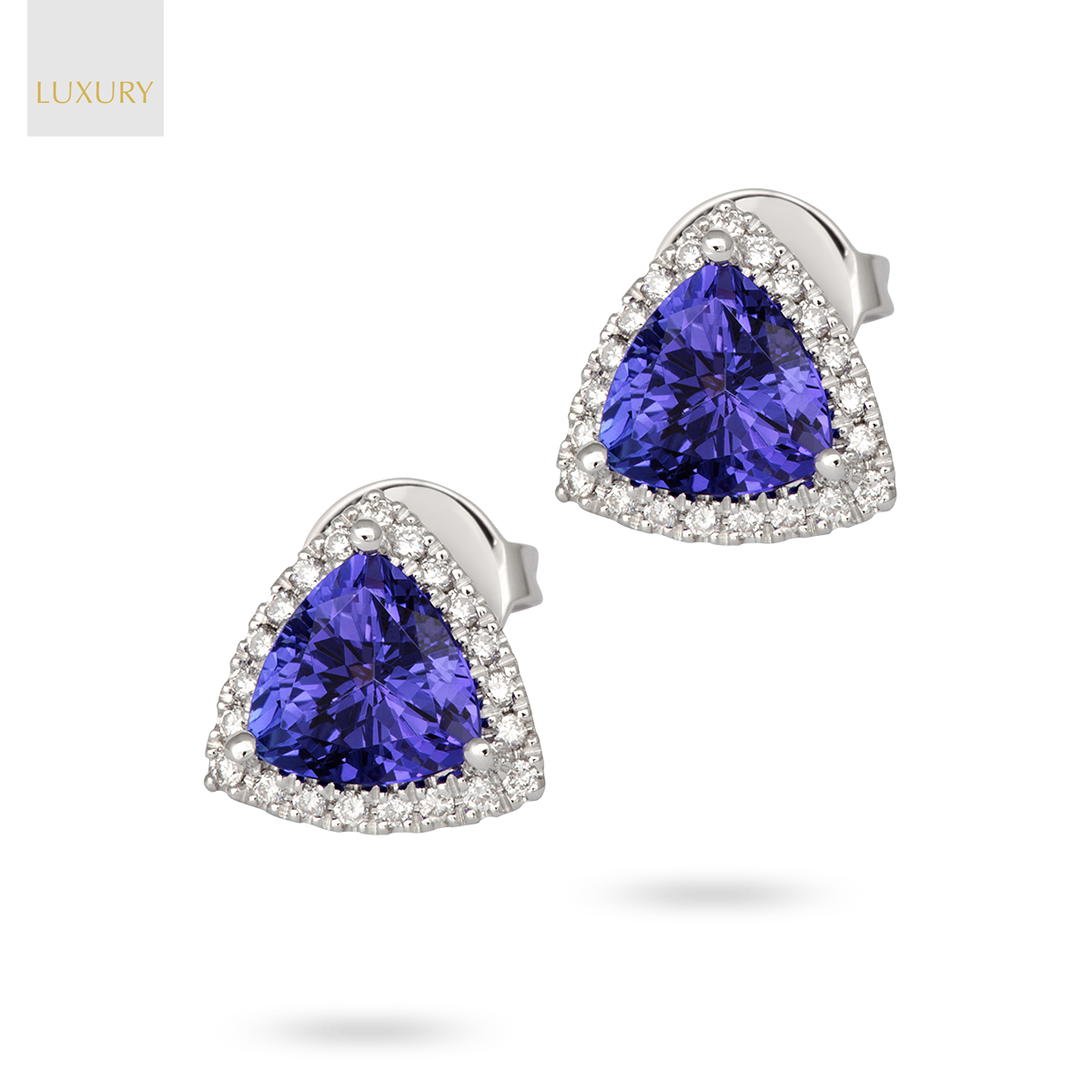 18ct White Gold Tanzanite & Diamond Trilliant Halo Earrings