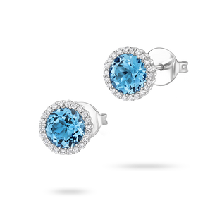 18ct White Gold Blue Topaz & Diamond Round Halo Earrings