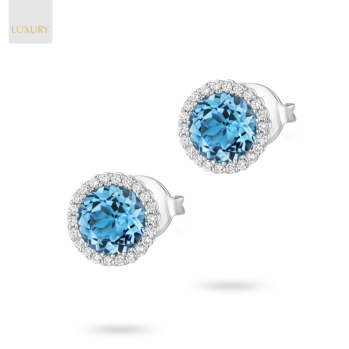 18ct White Gold Blue Topaz & Diamond Round Halo Earrings