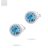 18ct White Gold Blue Topaz & Diamond Round Halo Earrings