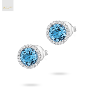 18ct White Gold Blue Topaz & Diamond Round Halo Earrings