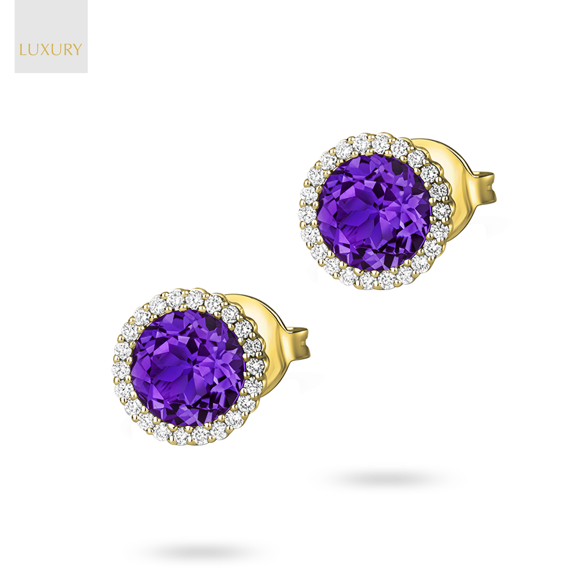 18ct Yellow Gold Amethyst & Diamond Round Halo Earrings