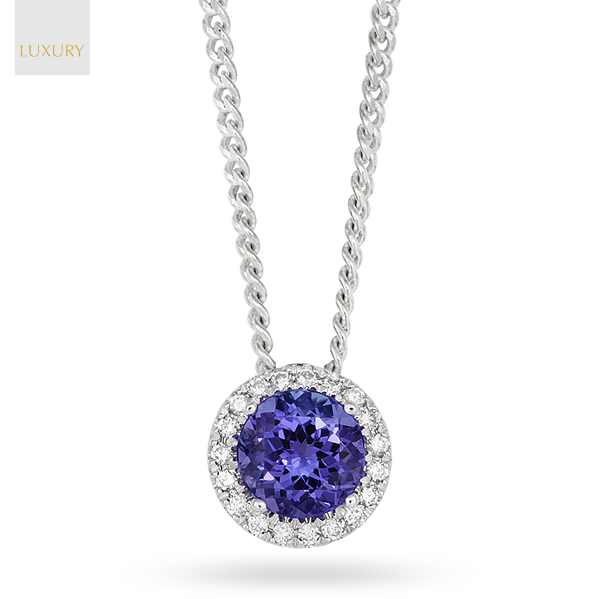 18ct White Gold Tanzanite & Diamond Round Halo Pendant