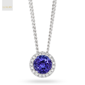 18ct White Gold Tanzanite & Diamond Round Halo Pendant